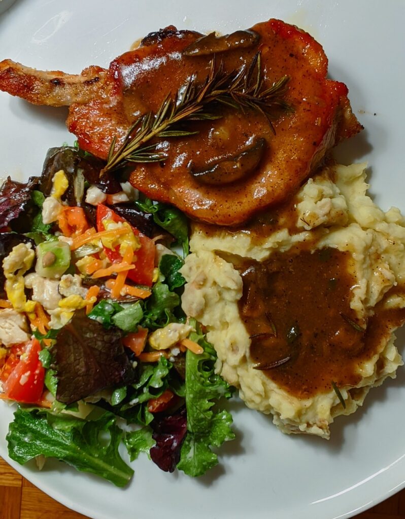 dinner, pork chop, mashed potatoes and gravy